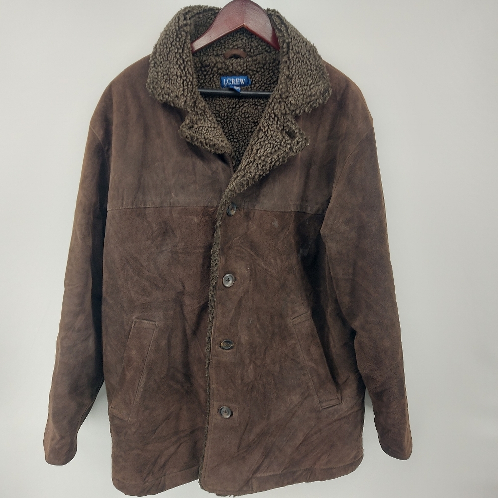 J.Crew Brown Leather Coat with Faux Sherpa Lining and Collar Size Medium